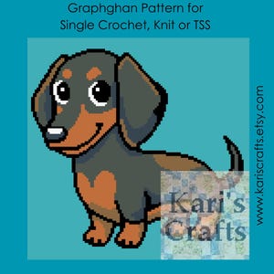 May include: A digital illustration of a dachshund dog in a pixelated style. The dog is primarily black and brown with a white snout and large, expressive eyes. The image is set against a teal background and includes text that reads "Graphghan Pattern" and "Kari's Crafts."