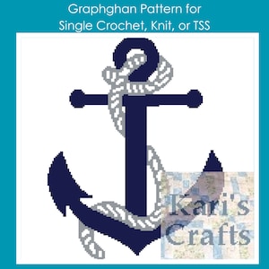 Puede incluir: Un patrón de graphghan para crochet simple, tejido o TSS que presenta un ancla azul marino con un diseño de cuerda blanca.