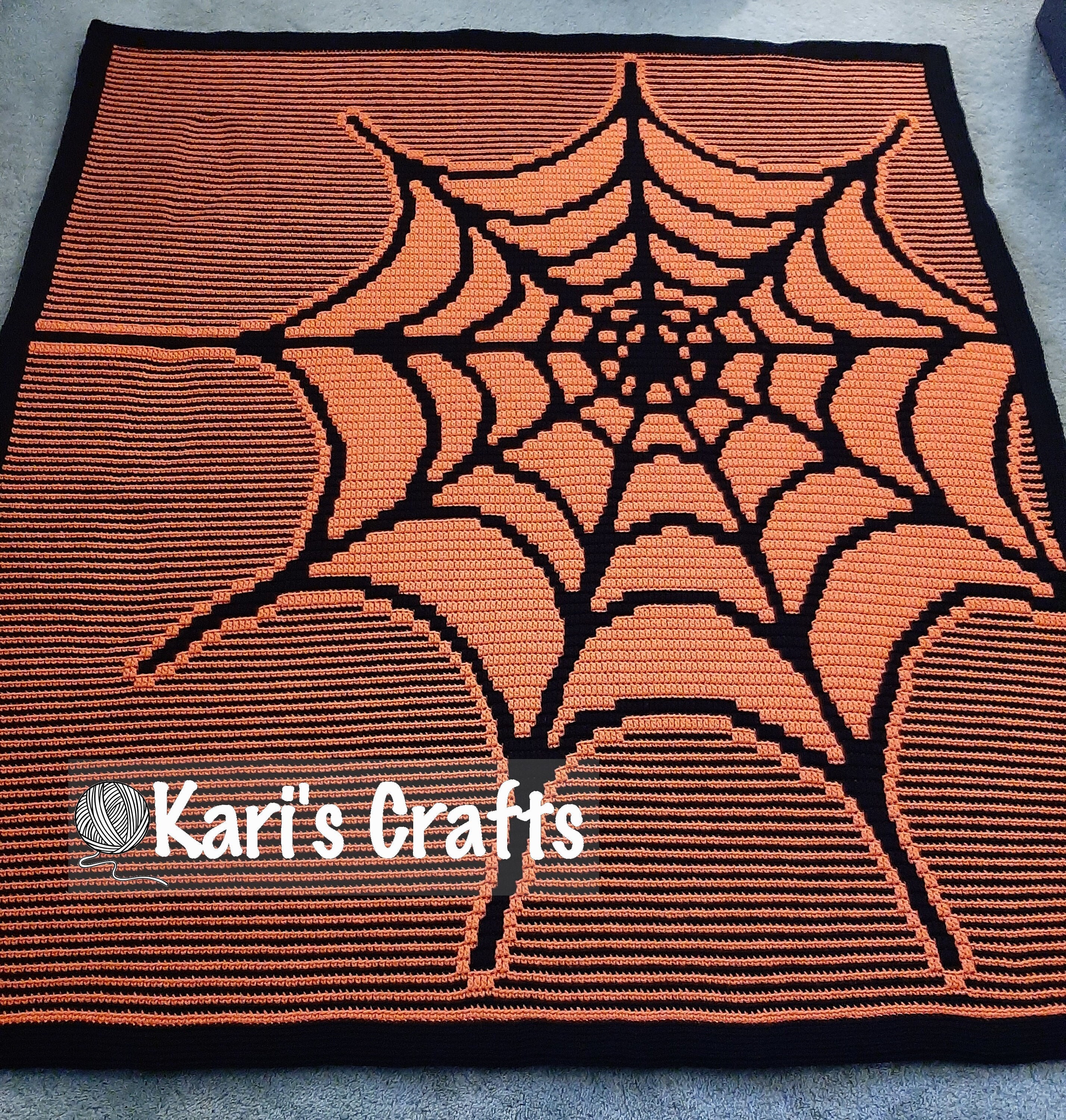 Hand Crocheted Spider Web Mosaic Afghan Throw Blanket: Orange