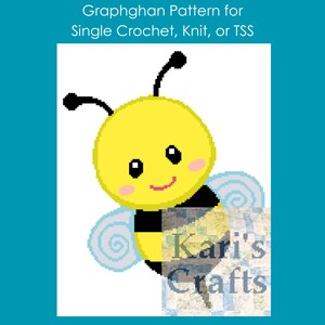 May include: A graphghan pattern for single crochet, knit, or TSS featuring a cute cartoon bee with yellow and black stripes, blue wings, and a smiling face. The pattern is by Kari's Crafts.