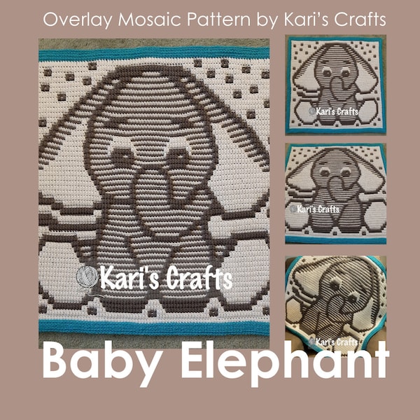 Couverture afghane de bébé éléphant pour bébé, modèle PDF pour superposition de mosaïque au crochet - graphique + instructions écrites - téléchargement immédiat