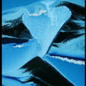 May include: Abstract painting with a blue background and black lines forming a heart shape in the center.
