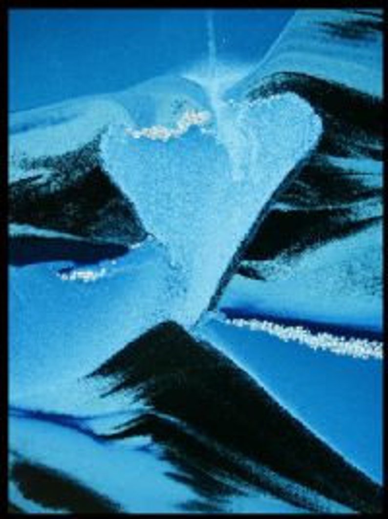 May include: Abstract painting with a blue background and black lines forming a heart shape in the center.