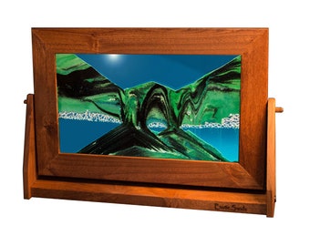 Large Alder Wood Moving Sand Art: Summer Turquoise Glass Sculpture
