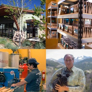May include: A collage of images showcasing a small business that creates custom wood framed artwork. The first image shows the exterior of the business, a modern building with a green roof. The second image shows shelves filled with framed artwork. The third image shows a person working on a woodworking machine. The fourth image shows a man holding a small black dog in front of a mountain landscape.