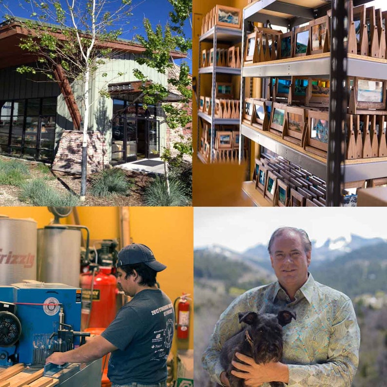 May include: A collage of images showcasing a small business that creates custom wood framed artwork. The first image shows the exterior of the business, a modern building with a green roof. The second image shows shelves filled with framed artwork. The third image shows a person working on a woodworking machine. The fourth image shows a man holding a small black dog in front of a mountain landscape.