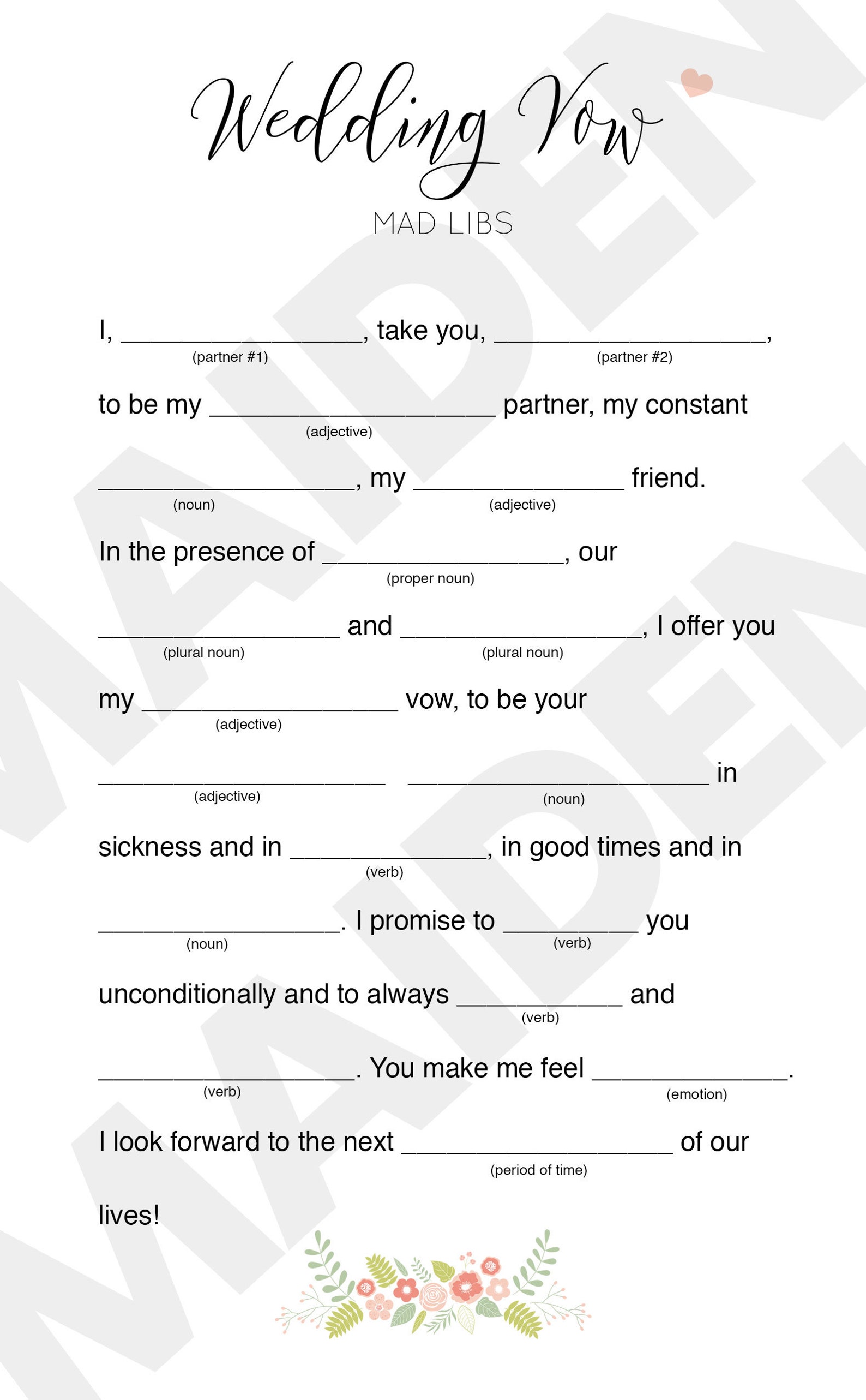 Wedding Vow Mad Libs Printable Digital File for Bridal Shower Wedding Vow Mad Libs Printable Digital File for Bridal Shower