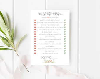 Would She Rather Bridal Shower Bachelorette Party Game Digital Printable