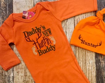 Daddy's New Hunting Buddy Embroidered Orange Infant Gown and Personalized Knot Beanie Hat - Monogrammed name