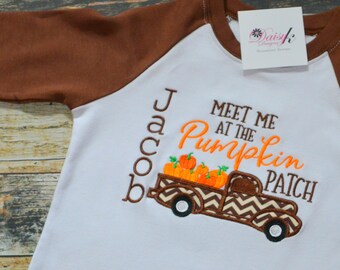 Fall Truck Pumpkin Patch Boys Raglan Tshirt - Personalized with Child's Name Embroidered