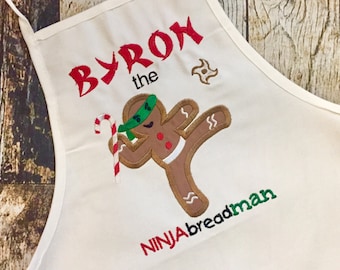 Ninja Bread Man Personalized Boy's or Girl's Apron - White Child's Apron - Embroidered Name - Christmas Baking Apron - Gingerbread Man Funny