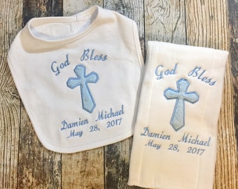 God Bless Personalized Girl's or Boy's Burp Cloth and Bib - Baptism or Christening Gift Set