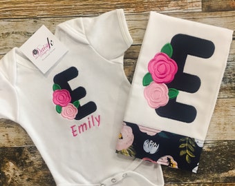 Floral Personalized Bodysuit and Burp Cloth Baby Girl Gift Set - Navy and Pink