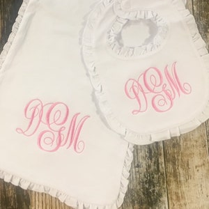 Personalized Girl's Monogrammed Burp Cloth and Bib Gift Set Ruffle Edge Available in Many Colors Baby Shower Gift image 2