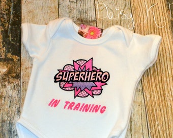 Infant Girl's Superhero In Training Comic Book Saying Bodysuit - Can be Personalized