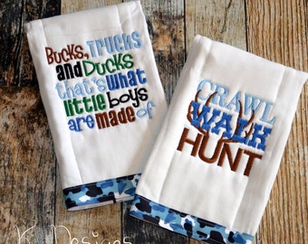 Bucks, Trucks and Ducks are What Little Boys Are Made Of  - Personalized Hunting Burp Cloth Set