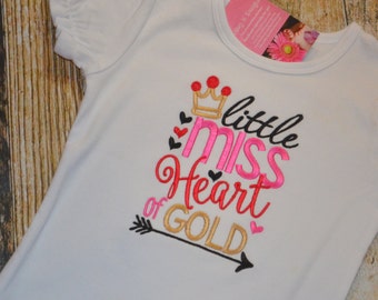 Girl's Valentine's Day Shirt - Little Miss Heart of Gold - Personalized with Name - Ruffle Tshirt or Plain - White Red and Gold