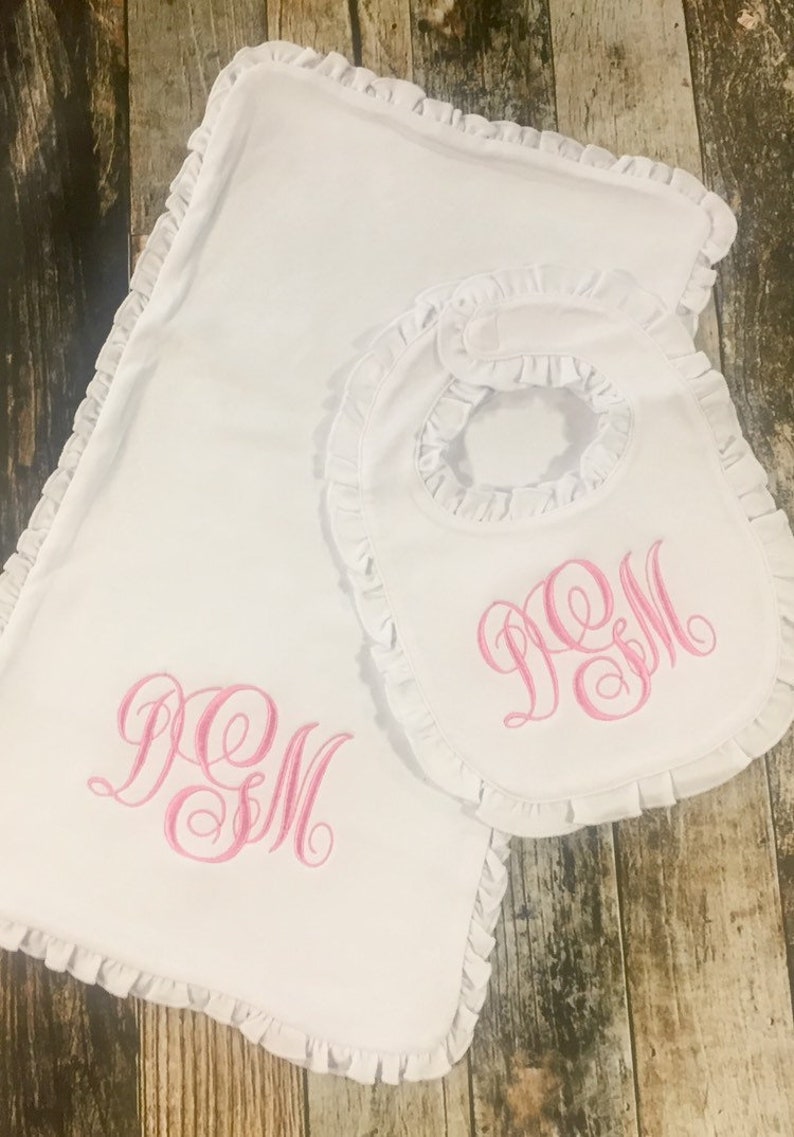 Personalized Girl's Monogrammed Burp Cloth and Bib Gift Set Ruffle Edge Available in Many Colors Baby Shower Gift image 2