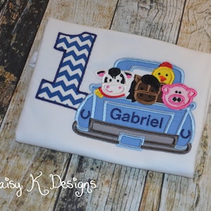 Little Blue Farm Truck and Animals  - Personalized Birthday Shirt - Any Age - 1st Birthday Shirt - 2nd Birthday - Embroidered Green Truck