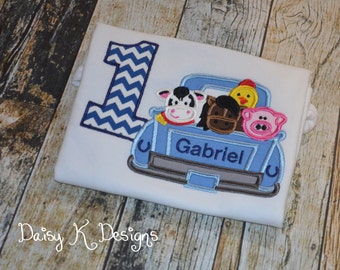 Little Blue Farm Truck and Animals  - Personalized Birthday Shirt - Any Age - 1st Birthday Shirt - 2nd Birthday - Embroidered Green Truck