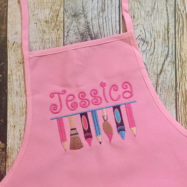 Artist Personalized Girl's Apron - Pink Child's Apron - Embroidered Name - Art Smock - Monogrammed