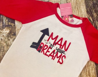 Man of Your Dreams Personalized Valentine's Day Toddler Boy's Tshirt - Red and White Raglan Shirt