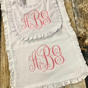 Personalized Girl's Monogrammed Burp Cloth and Bib Gift Set Ruffle Edge Available in Many Colors Baby Shower Gift image 6