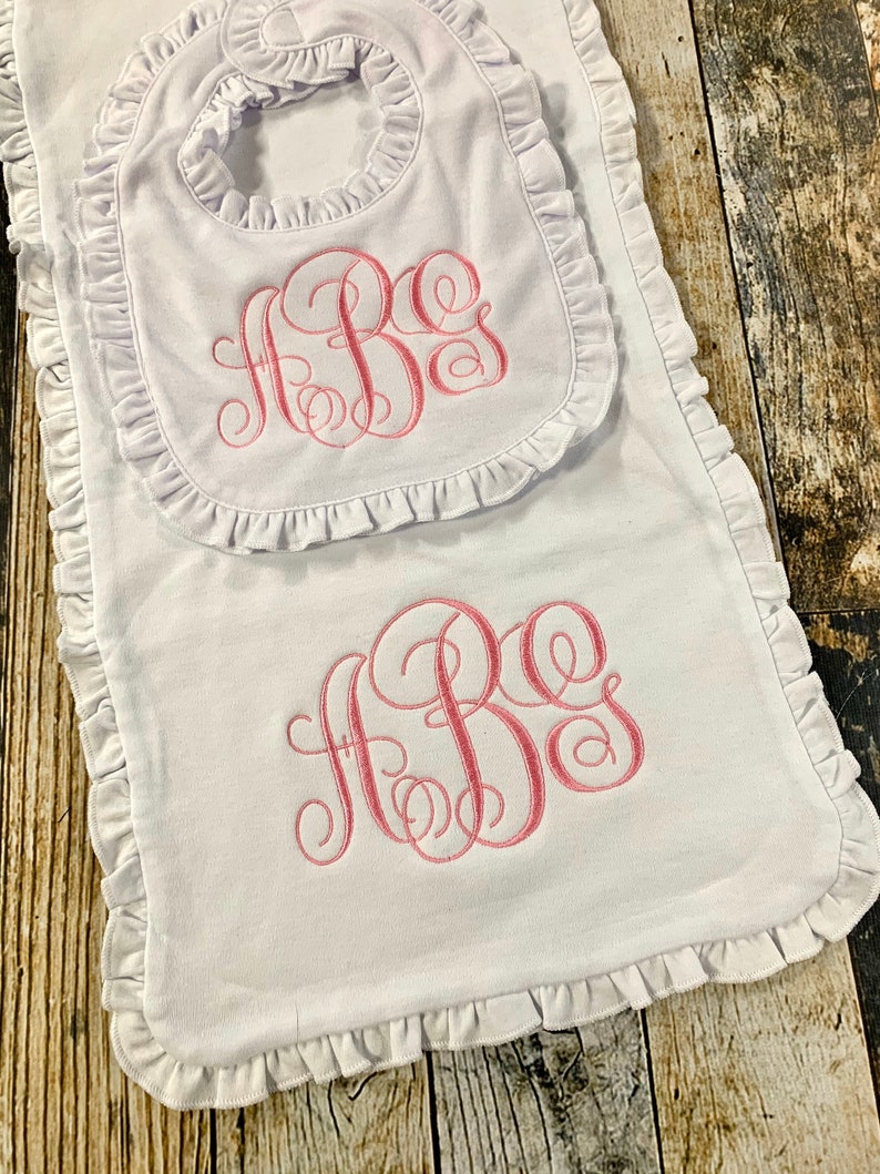 Personalized Girl's Monogrammed Burp Cloth and Bib Gift Set Ruffle Edge Available in Many Colors Baby Shower Gift image 6