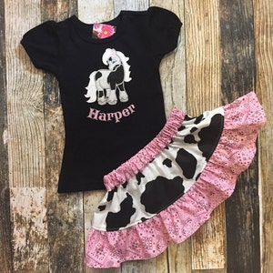 Personalized Cowgirl Outfit: Horse Applique Shirt & Cowprint Skirt