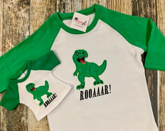 Matching Boy's and Doll's Trex Dinosaur Raglan Shirt - Personalized Raglan Tshirt - Embroidered Top - 18" Doll Clothes