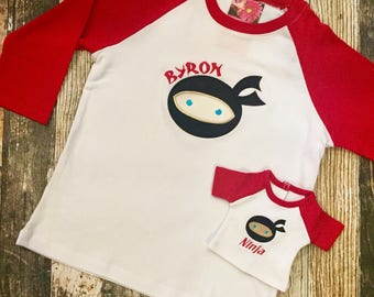 Matching Boy's and Doll's Raglan Shirt - Personalized Raglan Tshirt - Ninja Face Embroidered Top - 18" Doll Clothes - Karate Shirts