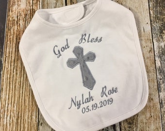 Baptism or Christening Bib - Personalized for Baby Boy or Girl - Monogrammed Religious Bib