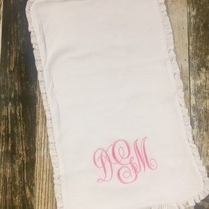 Personalized Girl's Monogrammed Burp Cloth and Bib Gift Set Ruffle Edge Available in Many Colors Baby Shower Gift image 4