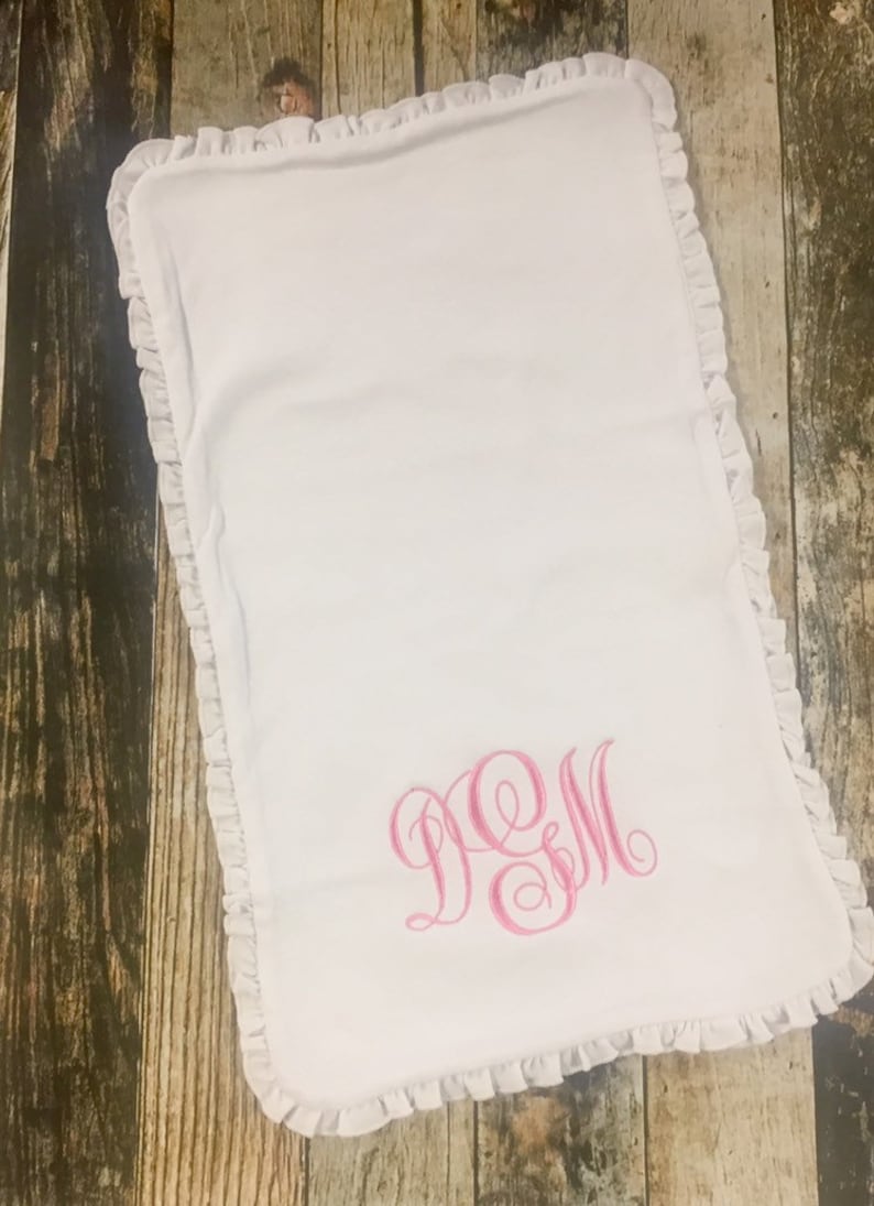 Personalized Girl's Monogrammed Burp Cloth and Bib Gift Set Ruffle Edge Available in Many Colors Baby Shower Gift image 4