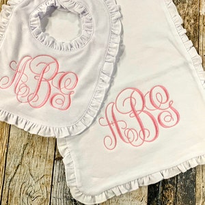 Personalized Girl's Monogrammed Burp Cloth and Bib Gift Set Ruffle Edge Available in Many Colors Baby Shower Gift image 1