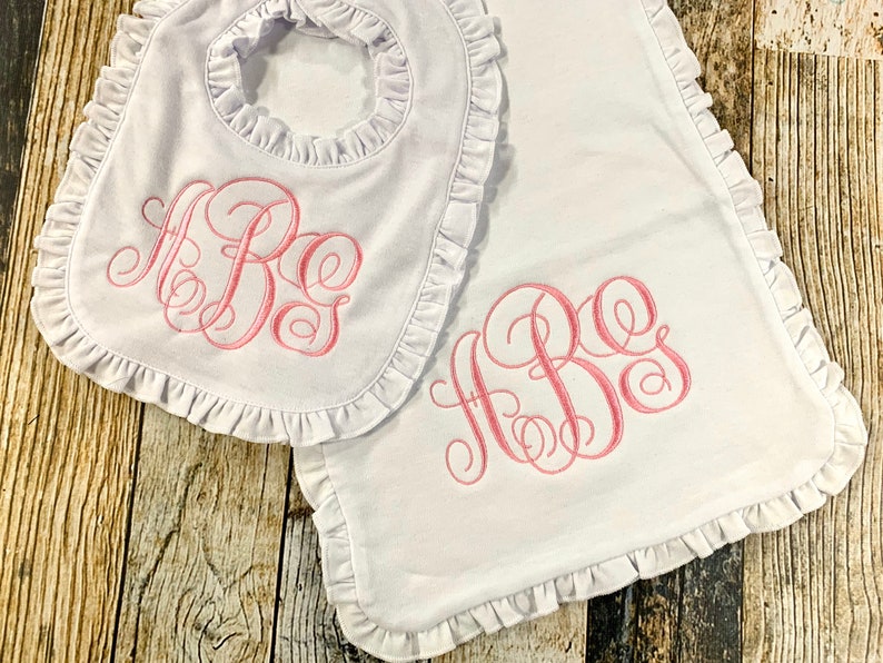 Personalized Girl's Monogrammed Burp Cloth and Bib Gift Set Ruffle Edge Available in Many Colors Baby Shower Gift image 1