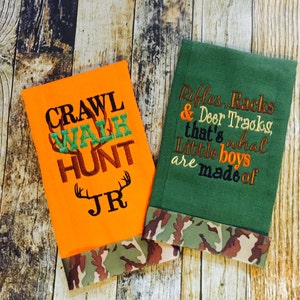 Crawl Walk Hunt Saying Bucks, Trucks and Ducks are What Little Boys Are Made Of Personalized Hunting Burp Cloth Set image 1