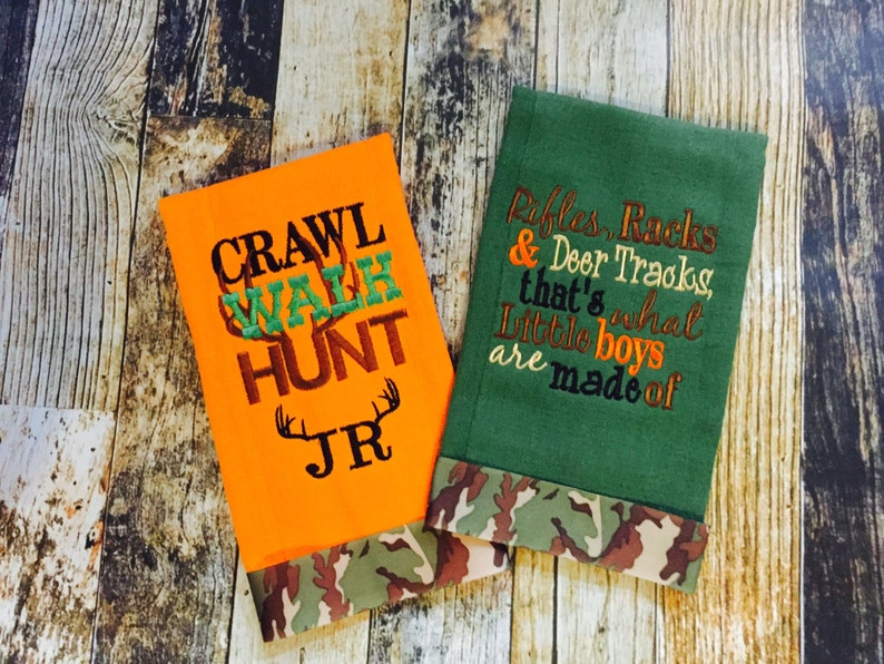 Crawl Walk Hunt Saying Bucks, Trucks and Ducks are What Little Boys Are Made Of Personalized Hunting Burp Cloth Set image 1