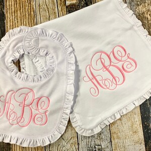 Personalized Girl's Monogrammed Burp Cloth and Bib Gift Set Ruffle Edge Available in Many Colors Baby Shower Gift image 5