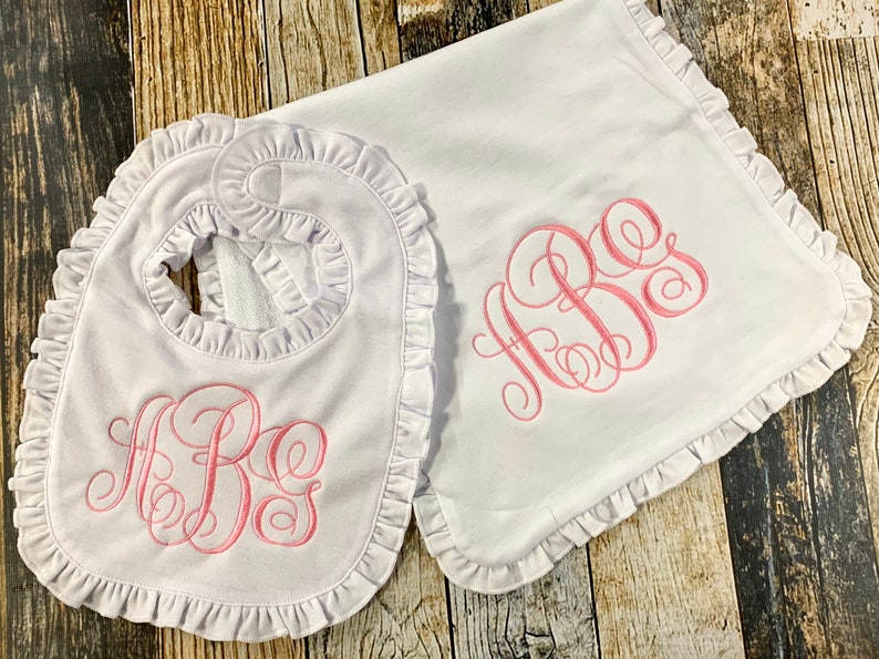 Personalized Girl's Monogrammed Burp Cloth and Bib Gift Set Ruffle Edge Available in Many Colors Baby Shower Gift image 5