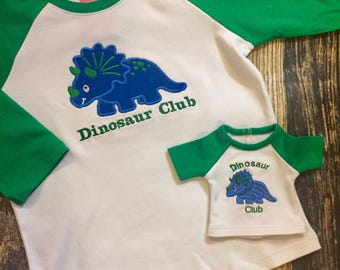 Matching Boy's and Doll's Dinosaur Raglan Shirt - Personalized Raglan Tshirt - Embroidered Top - 18" Doll Clothes - Dino Shirts