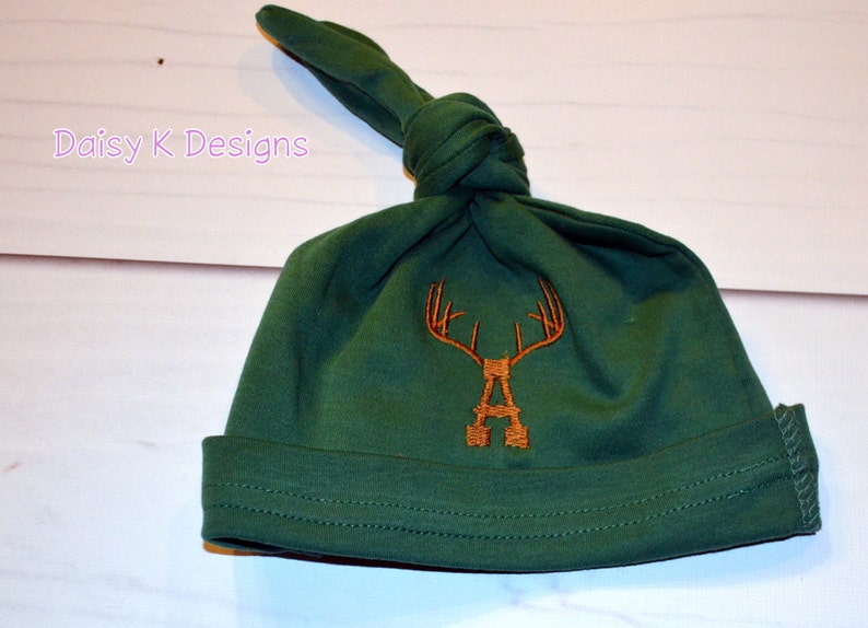 Hunting Burp Cloth and Infant Knot Beanie Hunter Green with Antlers Set image 2