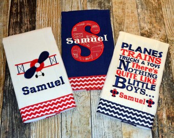 Personalized Airplane Burp Cloth Set - Planes Trains Trucks & Toys There's Nothing Like Little Boys - Vintage Airplanes - Monogrammed Burp