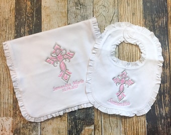Personalized Girl's Baptism of Christening Burp Cloth and Bib Gift Set - Ruffle Edge - Pink, Silver & White - Religious Baby Shower - Cross