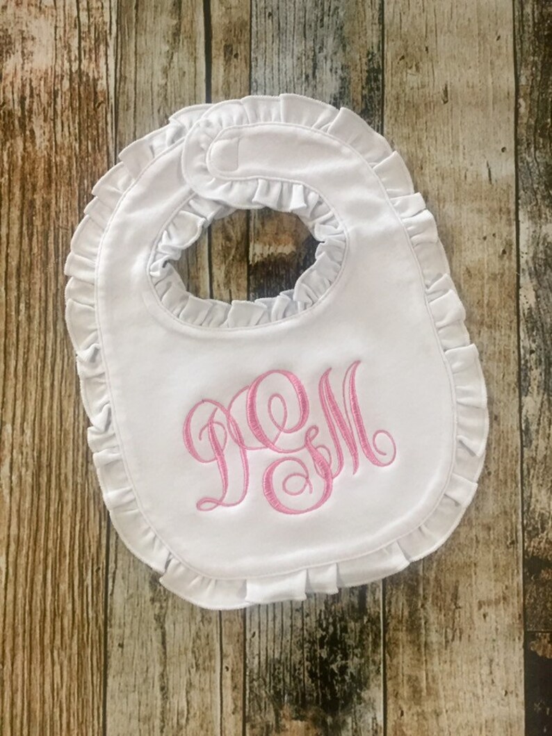 Personalized Girl's Monogrammed Burp Cloth and Bib Gift Set Ruffle Edge Available in Many Colors Baby Shower Gift image 3