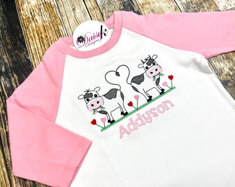 Cow Girl's Tshirt - Light Pink and White Raglan Shirt - Embroidered Valentine's Day - Personalized