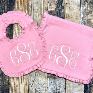 Personalized Girl's Monogrammed Burp Cloth and Bib Gift Set Ruffle Edge Available in Many Colors Baby Shower Gift image 7