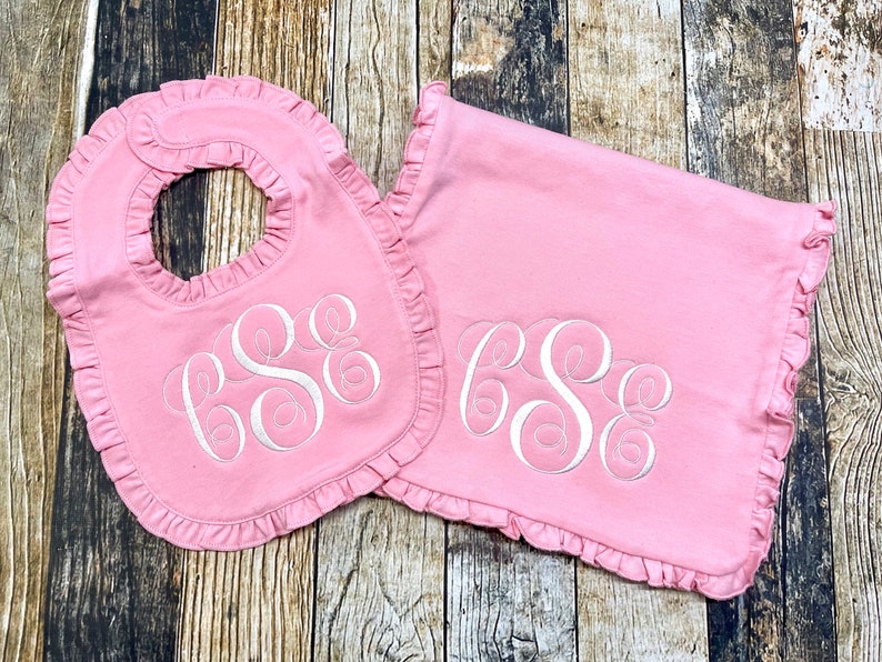 Personalized Girl's Monogrammed Burp Cloth and Bib Gift Set Ruffle Edge Available in Many Colors Baby Shower Gift image 7