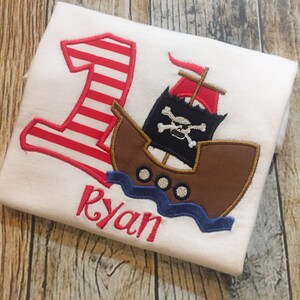 Pirate Ship Personalized Birthday Tshirt - Any Age - First Birthday Skulls and Crossbones - Red, White and Black Embroidered Shirt