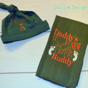 Hunting Burp Cloth and Infant Knot Beanie Hunter Green with Antlers Set image 1